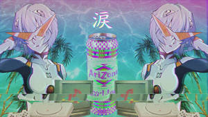 動漫角色在熱帶故障場景中與復古遊戲機一起夾著一個汽水罐。 — 可愛動漫女孩 壁紙
