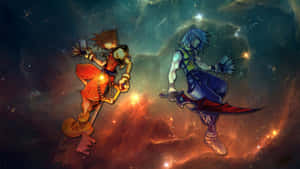 兩個動漫戰士在色彩繽紛的星雲中碰撞，手持發光的武器。 — 王國之心 壁紙