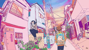 兩個動漫角色在日落時分漫步於色彩繽紛的城市小巷。 — 美麗的動畫 壁紙