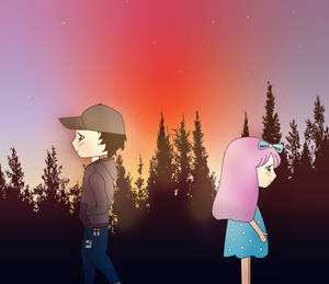兩個動漫角色在暮色中的森林裡分開站立，背景是星空。 — 矢量藝術 壁紙