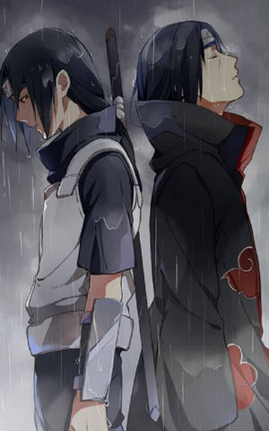 兩個動漫角色在暴風雨天空下的大雨中背對背站立。 — Galaxy Tab S10+ 壁紙