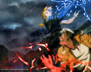 兩個動漫戰士在暴風雨中，以電力和火焰能量戰鬥。 — 疤面煞星 壁紙