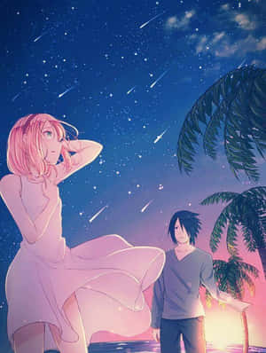 兩個動漫角色在夜晚的棕櫚樹下觀看流星。 — 火影忍者 vs 佐助 壁紙