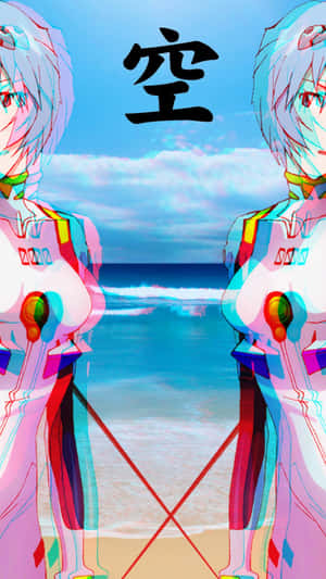 兩個鏡像對立的動漫角色在海灘上，背景為海洋和天空。 — 美麗的動畫 壁紙