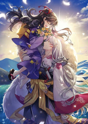 兩個穿著傳統服飾的動漫角色在發光的日落天空下擁抱。 — 犬夜叉 壁紙