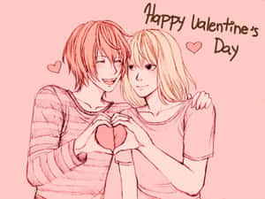 兩個動漫角色在情人節以心形手勢牽手。 — 4:3 壁紙