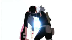兩個剪影風格的動漫忍者角色相擁，中間有明亮的光芒。 — 火影忍者 卡卡西 壁紙