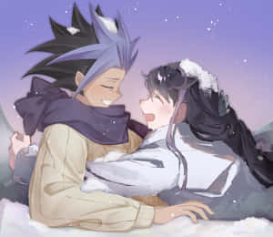 兩個動漫角色在紫色天空下在雪中依偎。 — 遊戲王 壁紙