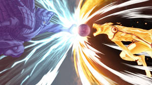 兩個動漫戰士在藍色和金色能量的爆發中碰撞。 — 火影忍者 vs 佐助 壁紙