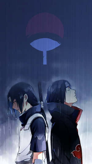 兩個動漫忍者在雨中背對背站立，上方有一個發光的宇智波標誌。 — 暗黑動漫 壁紙