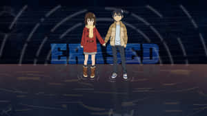 兩個動漫角色在雨中牽手，背後有「ERASED」標題。 — 消滅 壁紙