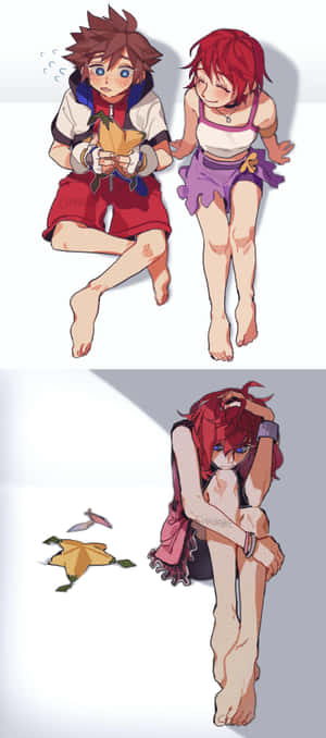 兩個動漫角色坐在一起，一個拿著葉子，另一個向後靠微笑。 — 1440x3200 壁紙