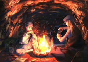 兩個動漫角色在夜晚的黑暗洞穴中，在營火旁取暖。 — 魔物獵人 壁紙