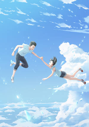 兩個孩子在佈滿雲朵的明亮藍天上手牽手漂浮。 — 天氣之子 壁紙