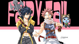 兩個動漫戰士和一個藍色貓咪吉祥物在'FAIRY TAIL'標誌下擺姿勢。 — 妖精尾巴角色 壁紙
