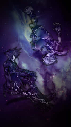 兩個動漫角色在太空，有紫色星雲和星星，一個墜落，一個坐著 — 王國之心 壁紙