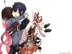 動漫情侶接吻，櫻花和百合從他們的擁抱中迸發。 — 流浪神差 壁紙