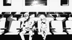 兩個動漫男孩坐在空劇院裡，頭頂有一盞明亮的燈。 — 消滅 壁紙