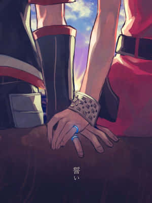 兩個動漫角色在夕陽下手牽手，戒指發光。 — Kindle 壁紙