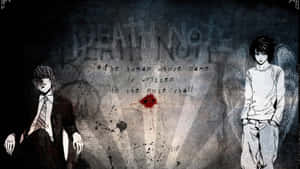 兩個動漫角色在一個黑暗的房間裡，有「DEATH NOTE」塗鴉和血。 — 死亡筆記本 GIF 壁紙