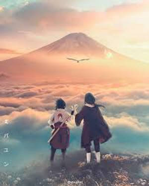 兩個動漫角色站在山頂上，看著富士山在日落時分從雲層中升起。 — 火影忍者 卡卡西 壁紙