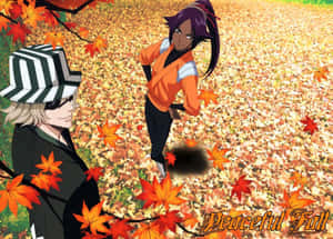 兩個動漫角色在落葉中，帶有文字 Peaceful Fall — 戰士 壁紙