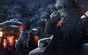 兩個動漫角色在夜晚的雪中靠近一個亮著燈的神社。 — 酷寒冬季 壁紙