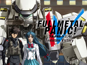 兩個動漫角色站在巨型機甲前，帶有《Full Metal Panic!》標題。 — 驚爆危機 壁紙