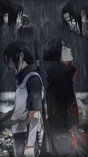兩個動漫角色背對背站在暴風雨中，幽靈般的身影在他們上方。