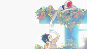 兩個動漫角色從窗戶穿過色彩繽紛的藤蔓伸手。 — 平井もも 壁紙