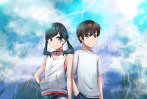 兩個動漫角色在雷雨中一起站立，伴隨著閃電和雨水。 — 天氣之子 壁紙