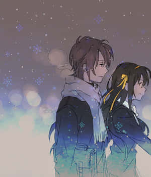 兩個動漫角色一起站在飄落的雪中，身後有發光的燈光。 — 場 圭介 壁紙
