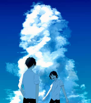 兩個動漫角色仰望藍色天空中巨大的雲層。 — 小米 Mix Flip 2 壁紙