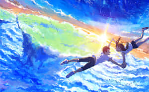 兩個青少年在色彩繽紛的天空中飛翔，有太陽和雲朵。 — 日本動漫 壁紙