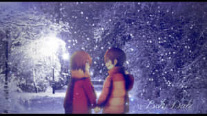 兩個動漫角色在路燈下，於夜晚積雪的公園中牽手。 — 消滅 壁紙