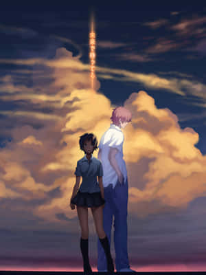 兩個動漫角色站在日落天空下，帶有發光的日語文字。 — 2048x2732 壁紙