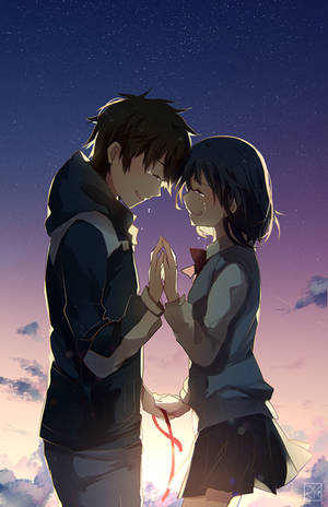 兩個動漫青少年在星空暮色下牽手。 — 榮耀MagicPad4 壁紙