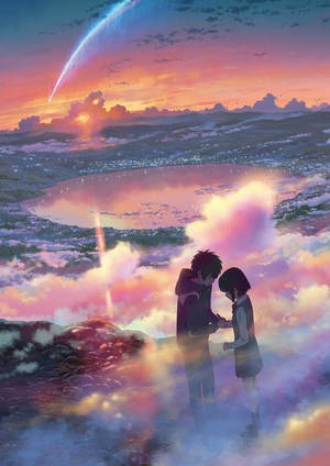 兩個動漫角色在雲上手牽手，背景是色彩繽紛的日落和彗星。 — 你的名字 壁紙