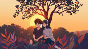兩個動漫青少年坐在樹下，在色彩繽紛的夕陽中，周圍環繞著樹葉。 — 日落 壁紙