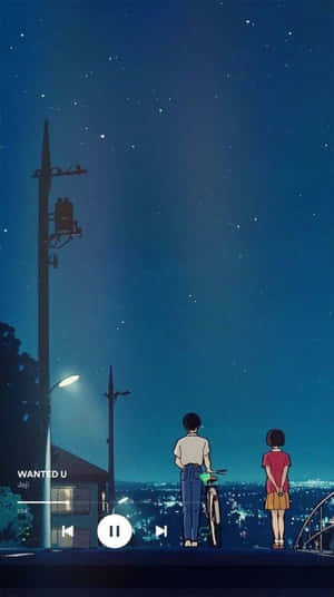 兩個青少年夜晚在屋頂上，與腳踏車和街燈一起看星星。 — 動漫臥室 壁紙