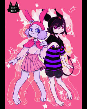 兩個動漫女孩子，有兔子耳朵和星星輪廓，在粉紅色背景上。 — 庫洛米 壁紙
