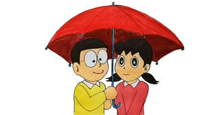 兩個微笑的小孩一起拿著一把紅色雨傘。 — 櫻島麻衣 壁紙