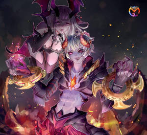 兩個長有角並發出光芒的惡魔動漫角色，手持華麗武器。