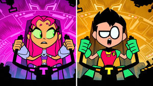 兩個 Teen Titans 角色在駕駛艙座位上緊握控制裝置，表情驚訝。 — 動畫卡通 壁紙