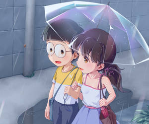 兩個動畫小孩在雨中蜷縮在透明雨傘下。 — 日本動漫 壁紙