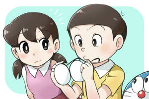 兩個動畫小孩拿著白色雞蛋，表情驚訝。 — 庫洛魔法使 壁紙
