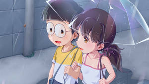 兩個動畫小孩在瓷磚人行道上雨中共享雨傘。 — Free Fire 櫻花 壁紙
