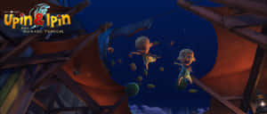 兩個動畫兒童在星光燦爛的夜空中漂浮，周圍有水果。 — Upin Ipin 壁紙