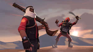 兩個動畫戰士在日落時分的沙漠中用武器戰鬥。 — Tf2 壁紙