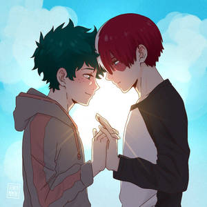 兩個動畫男孩在藍天白雲下手牽手互相凝視。 — 可愛的動漫角色 壁紙